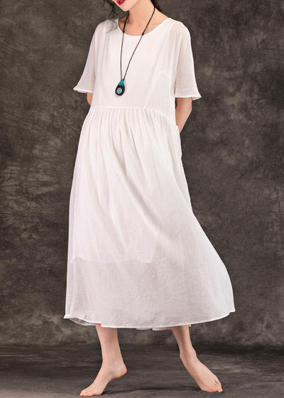 Women white linen Long Shirts o neck pockets patchwork Maxi summer Dress - bagstylebliss