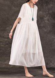 Women white linen Long Shirts o neck pockets patchwork Maxi summer Dress - bagstylebliss