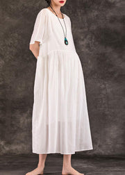 Women white linen Long Shirts o neck pockets patchwork Maxi summer Dress - bagstylebliss