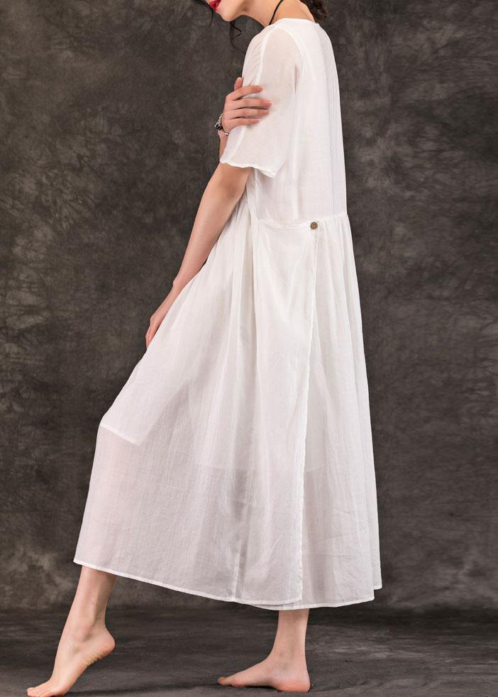 Women white linen Long Shirts o neck pockets patchwork Maxi summer Dress - bagstylebliss