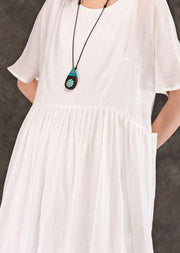 Women white linen Long Shirts o neck pockets patchwork Maxi summer Dress - bagstylebliss