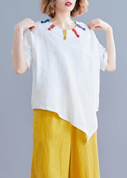 Women white linen clothes Cotton o neck asymmetric summer top - bagstylebliss