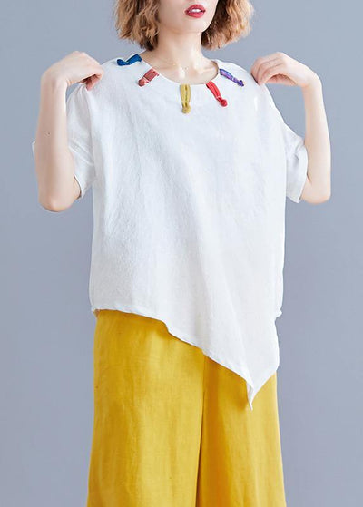 Women white linen clothes Cotton o neck asymmetric summer top - bagstylebliss