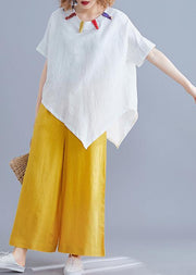 Women white linen clothes Cotton o neck asymmetric summer top - bagstylebliss