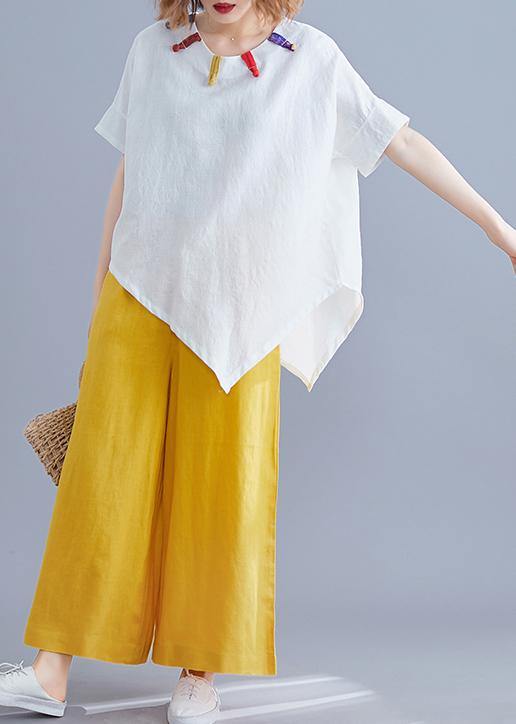 Women white linen clothes Cotton o neck asymmetric summer top - bagstylebliss