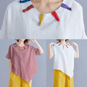 Women white linen clothes Cotton o neck asymmetric summer top - bagstylebliss