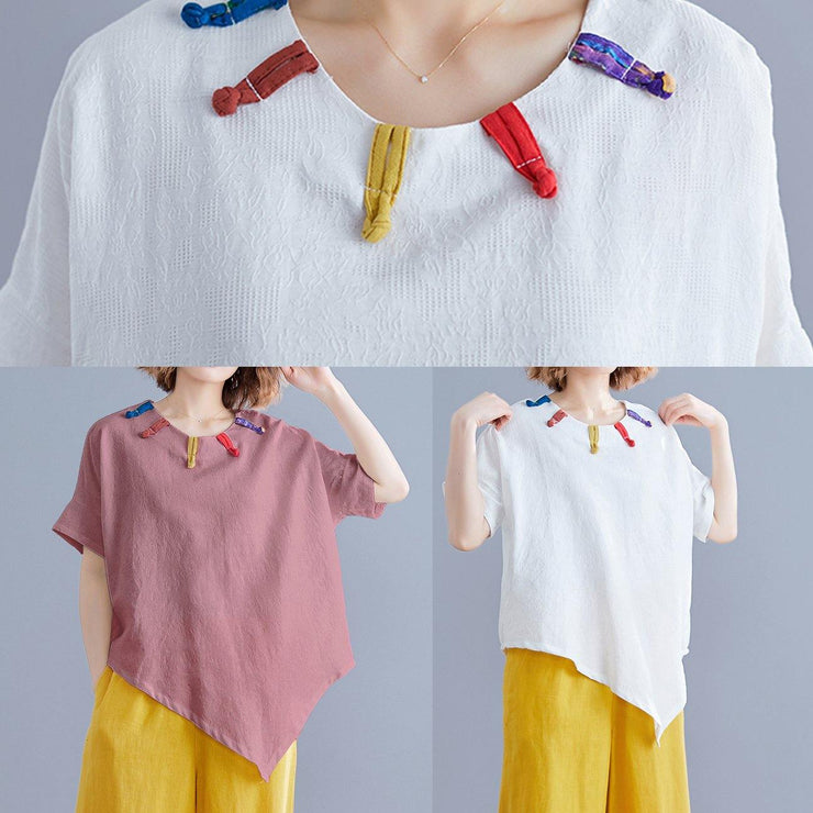 Women white linen clothes Cotton o neck asymmetric summer top - bagstylebliss