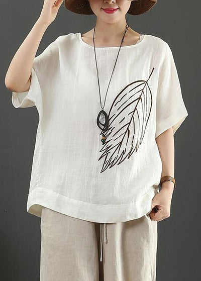 Women white linen tops o neck baggy summer blouse - bagstylebliss