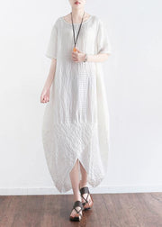 Women white plaid linen clothes front open Maxi summer Dresses - bagstylebliss