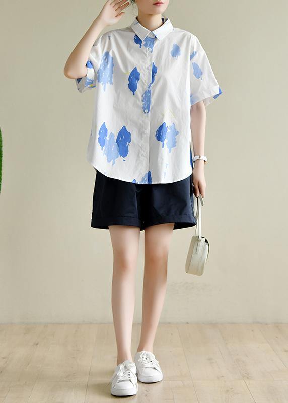 Women white print Wardrobes lapel Button Down summer tops - bagstylebliss