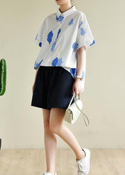 Women white print Wardrobes lapel Button Down summer tops - bagstylebliss