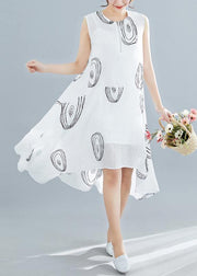 Women white print linen cotton clothes For Women sleeveless low high design shift summer Dress - bagstylebliss