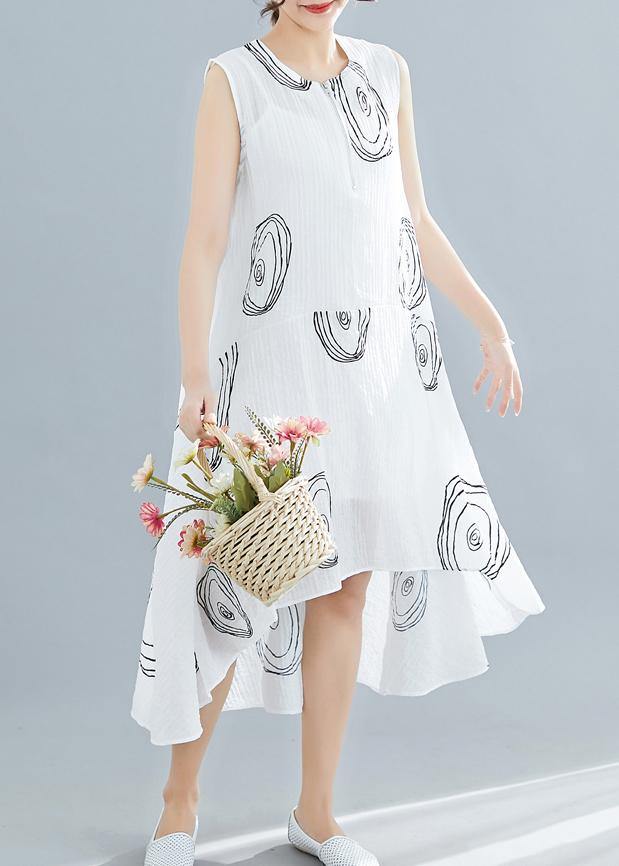 Women white print linen cotton clothes For Women sleeveless low high design shift summer Dress - bagstylebliss