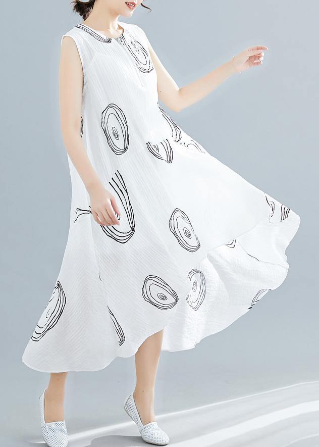 Women white print linen cotton clothes For Women sleeveless low high design shift summer Dress - bagstylebliss