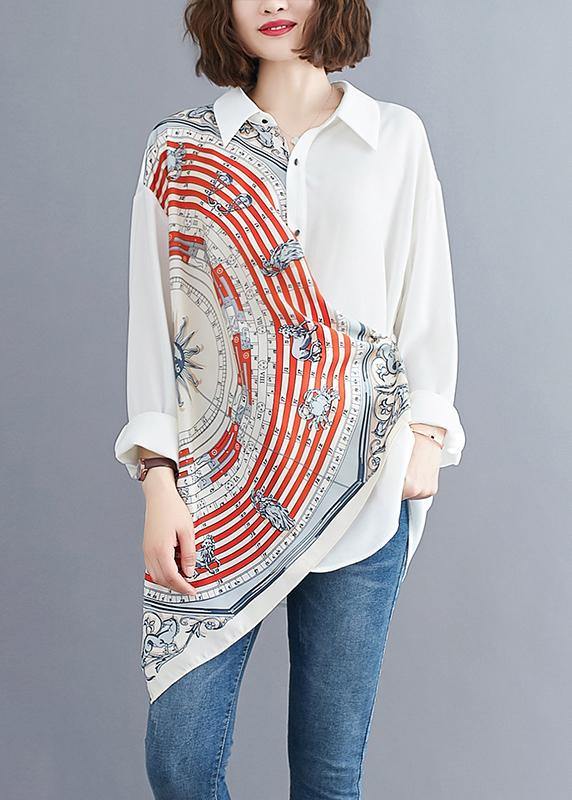 Women white prints blended box top asymmetric baggy summer blouses - bagstylebliss