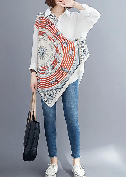 Women white prints blended box top asymmetric baggy summer blouses - bagstylebliss