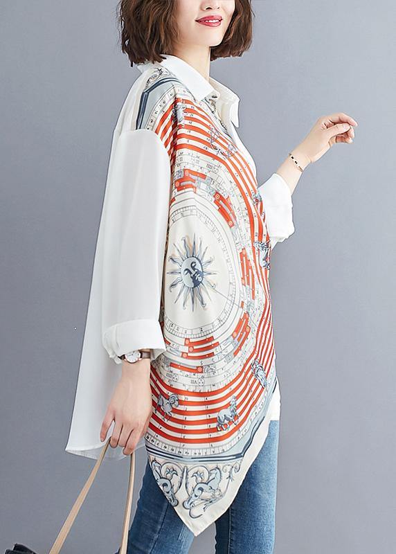 Women white prints blended box top asymmetric baggy summer blouses - bagstylebliss