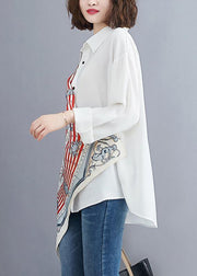 Women white prints blended box top asymmetric baggy summer blouses - bagstylebliss