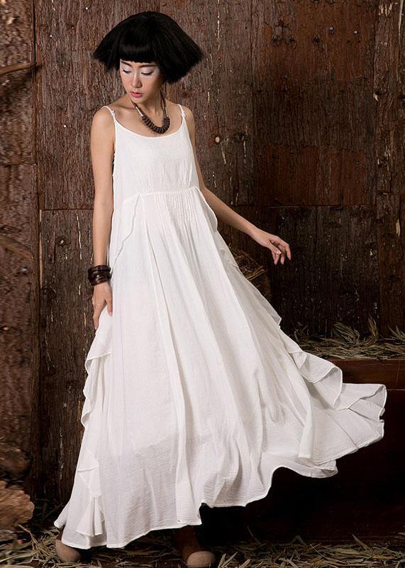 Women white sleeveless linen clothes ruffles side Art summer Dress - bagstylebliss