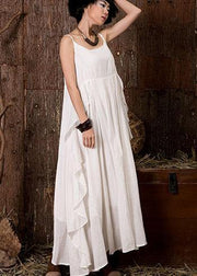 Women white sleeveless linen clothes ruffles side Art summer Dress - bagstylebliss