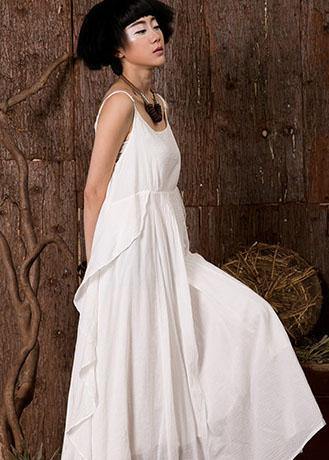 Women white sleeveless linen clothes ruffles side Art summer Dress - bagstylebliss