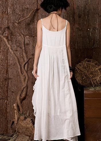 Women white sleeveless linen clothes ruffles side Art summer Dress - bagstylebliss