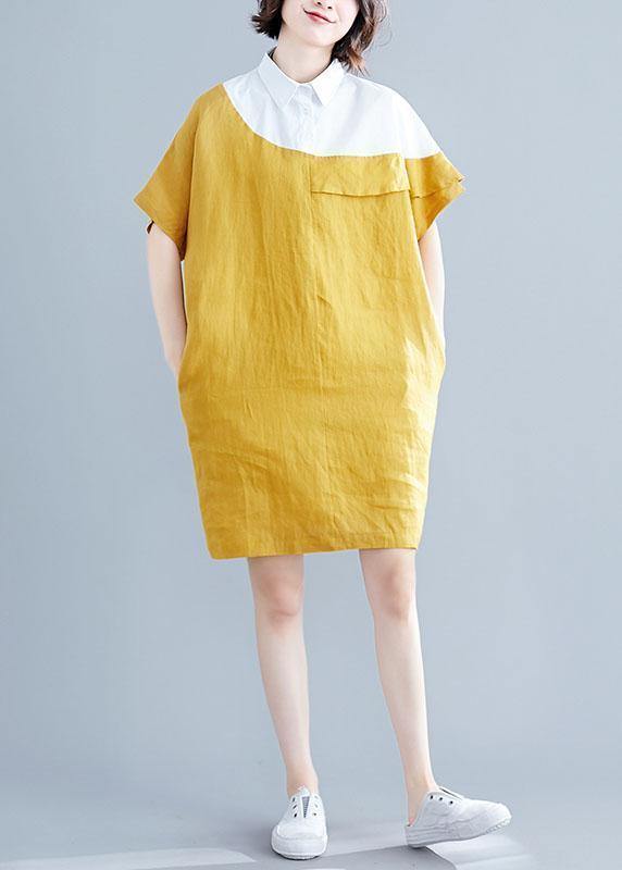 Women yellow Cotton tunics for women o neck patchwork loose summer Dresses - bagstylebliss