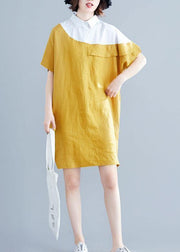 Women yellow Cotton tunics for women o neck patchwork loose summer Dresses - bagstylebliss