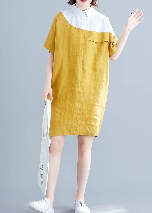 Women yellow Cotton tunics for women o neck patchwork loose summer Dresses - bagstylebliss