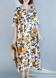 Women yellow cotton Robes prints A Line summer Dresses - bagstylebliss