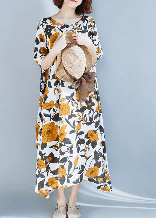 Women yellow cotton Robes prints A Line summer Dresses - bagstylebliss