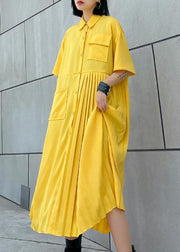 Women yellow cotton clothes Women lapel Cinched Kaftan summer Dress - bagstylebliss