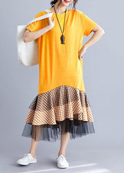 Women yellow cotton tunic dress patchwork plaid A Line summer Dresses - bagstylebliss