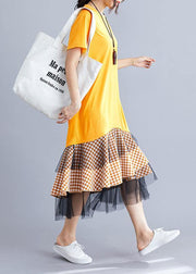 Women yellow cotton tunic dress patchwork plaid A Line summer Dresses - bagstylebliss