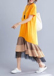 Women yellow cotton tunic dress patchwork plaid A Line summer Dresses - bagstylebliss