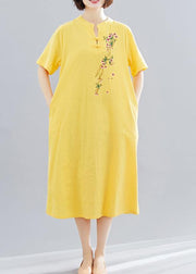 Women yellow embroidery cotton clothes short Maxi summer Dress - bagstylebliss