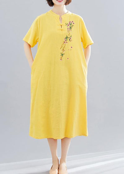 Women yellow embroidery cotton clothes short Maxi summer Dress - bagstylebliss