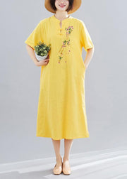 Women yellow embroidery cotton clothes short Maxi summer Dress - bagstylebliss