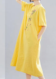 Women yellow embroidery cotton clothes short Maxi summer Dress - bagstylebliss