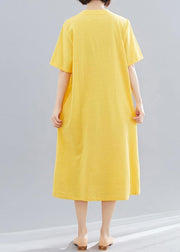 Women yellow embroidery cotton clothes short Maxi summer Dress - bagstylebliss