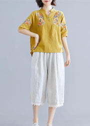 Women yellow embroidery linen cotton Blouse Sewing v neck summer top - bagstylebliss