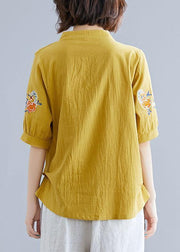 Women yellow embroidery linen cotton Blouse Sewing v neck summer top - bagstylebliss