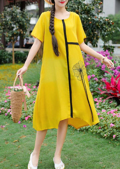 Women yellow embroidery linen cotton o neck baggy summer Dresses - bagstylebliss