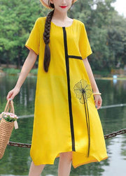 Women yellow embroidery linen cotton o neck baggy summer Dresses - bagstylebliss