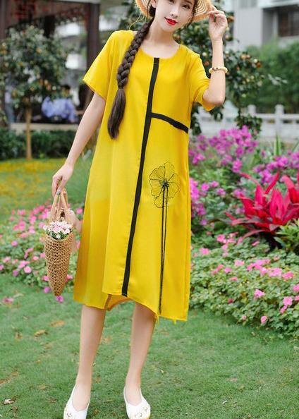 Women yellow embroidery linen cotton o neck baggy summer Dresses - bagstylebliss