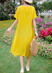 Women yellow embroidery linen cotton o neck baggy summer Dresses - bagstylebliss