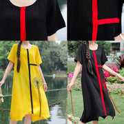 Women yellow embroidery linen cotton o neck baggy summer Dresses - bagstylebliss