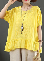 Women yellow embroidery linen tops for women o neck loose shirt - bagstylebliss