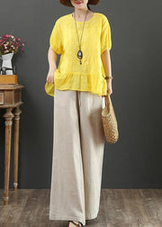 Women yellow embroidery linen tops for women o neck loose shirt - bagstylebliss