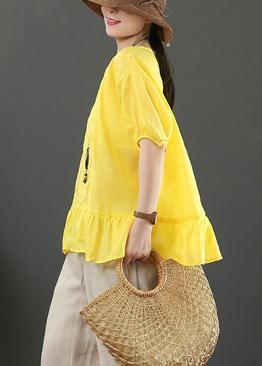 Women yellow embroidery linen tops for women o neck loose shirt - bagstylebliss